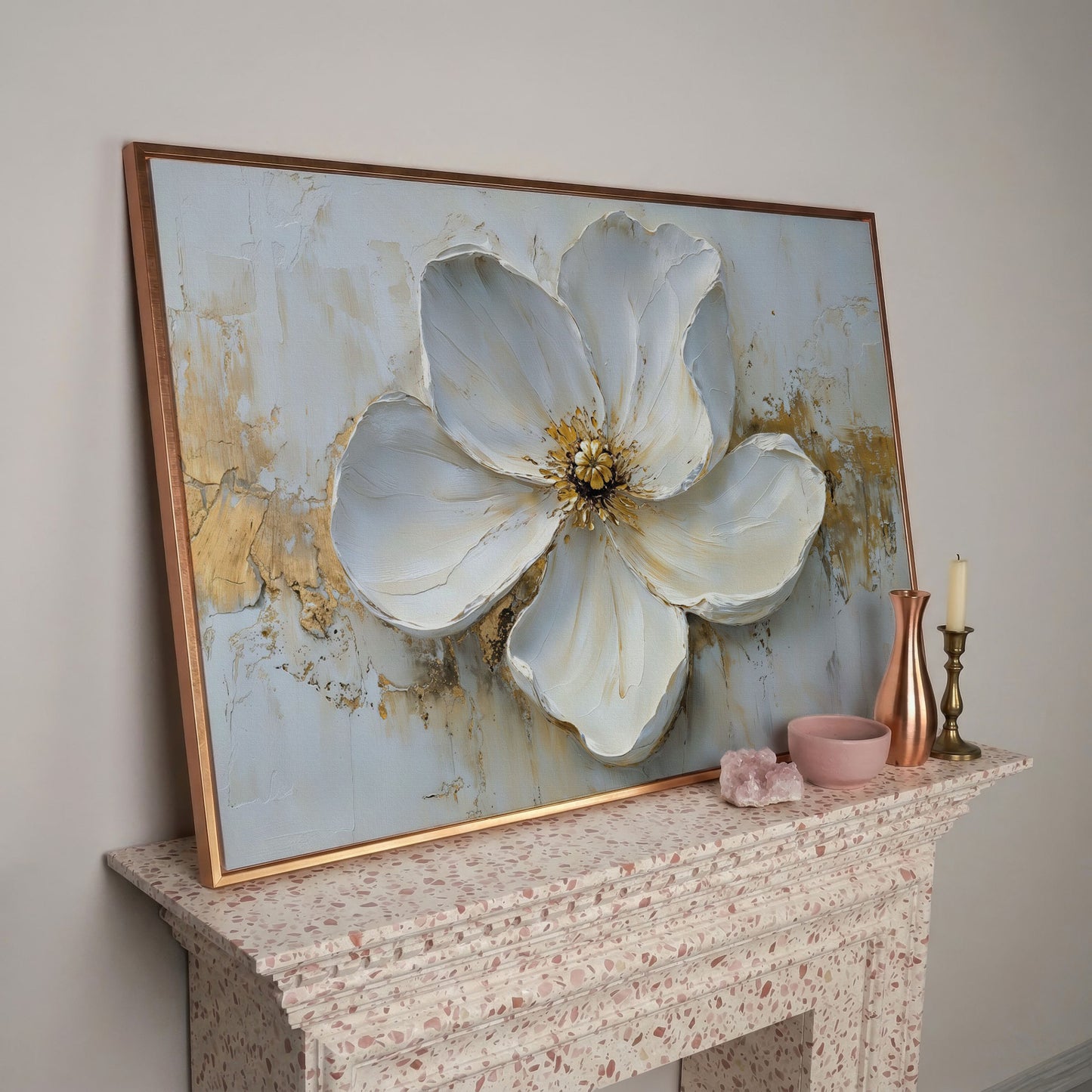 Magnolia with Gold Accents Canvas Print in rose gold floating frame