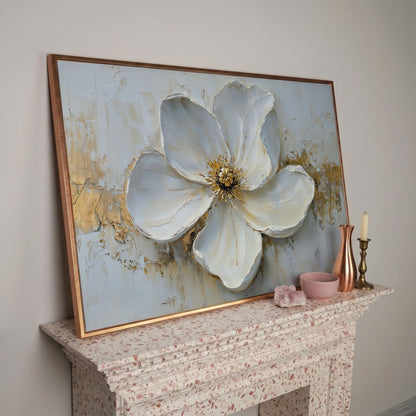 Magnolia with Gold Accents Canvas Print in rose gold floating frame