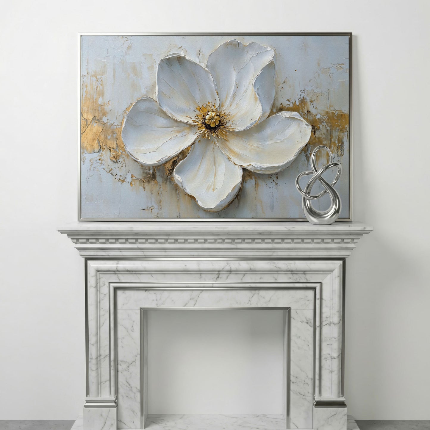 Magnolia with Gold Accents Canvas Print in silver floating frame