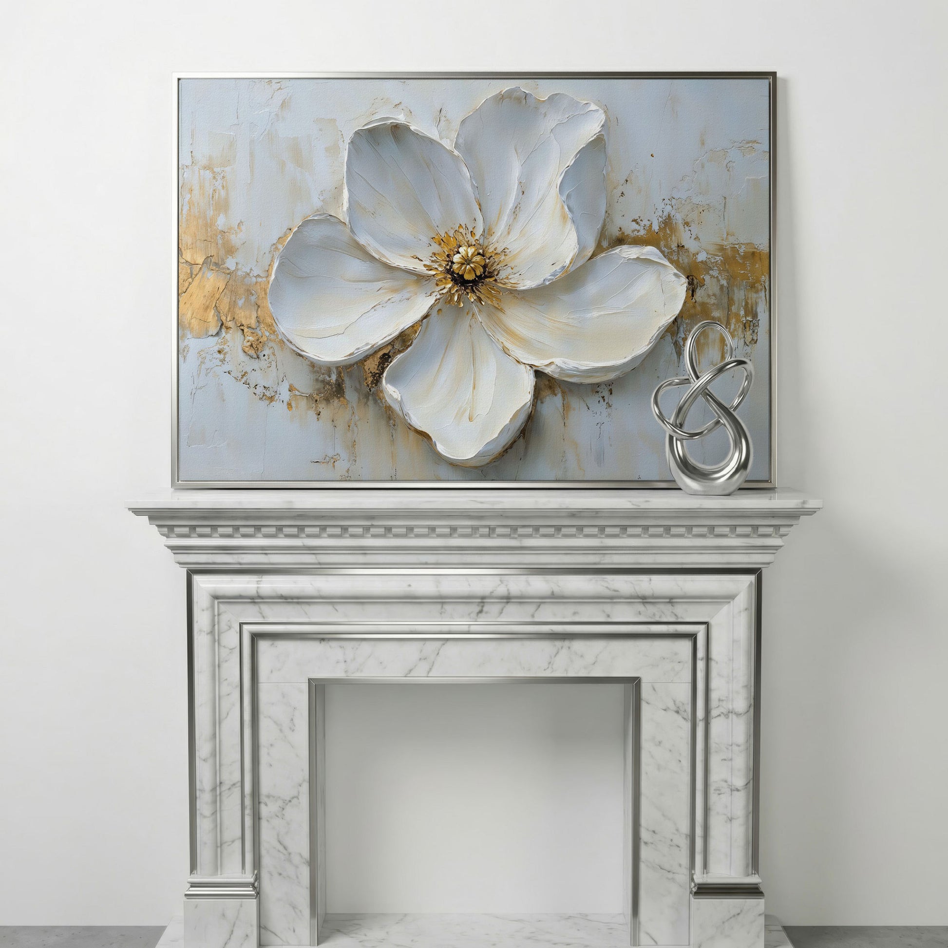 Magnolia with Gold Accents Canvas Print in silver floating frame