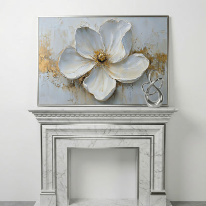 Magnolia with Gold Accents Canvas Print in silver floating frame