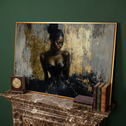 Black Girl in Gold. Portrait Canvas Print in antique gold floating frame
