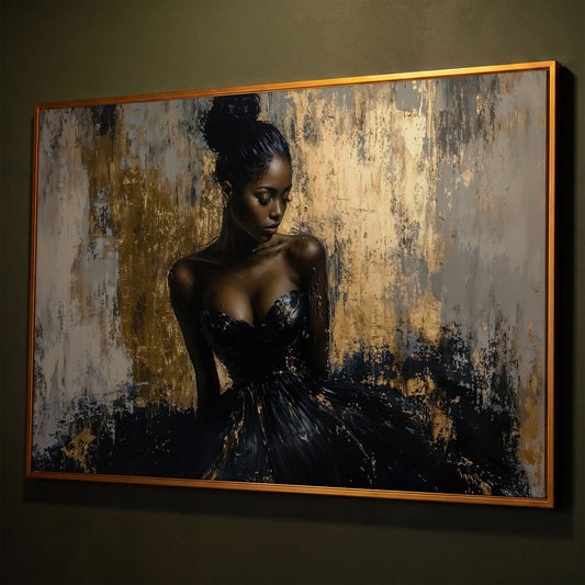 Black Girl in Gold. Portrait Canvas Print shown in antique gold floating frame