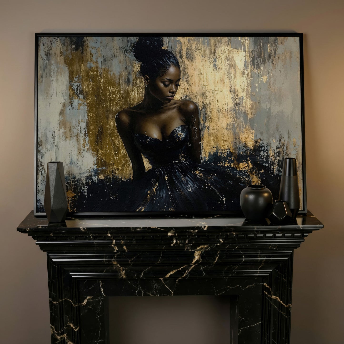Black Girl in Gold. Portrait Canvas Print in black floating frame
