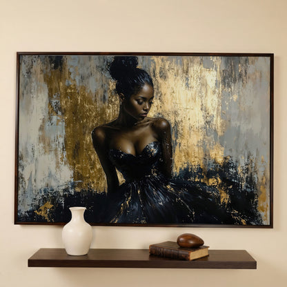 Black Girl in Gold. Portrait Canvas Print in dark walnut floating frame