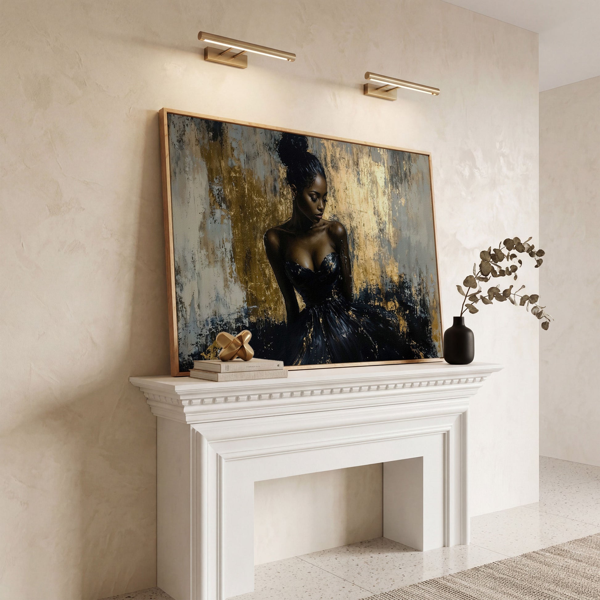 Black Girl in Gold. Portrait Canvas Print in white oak floating frame