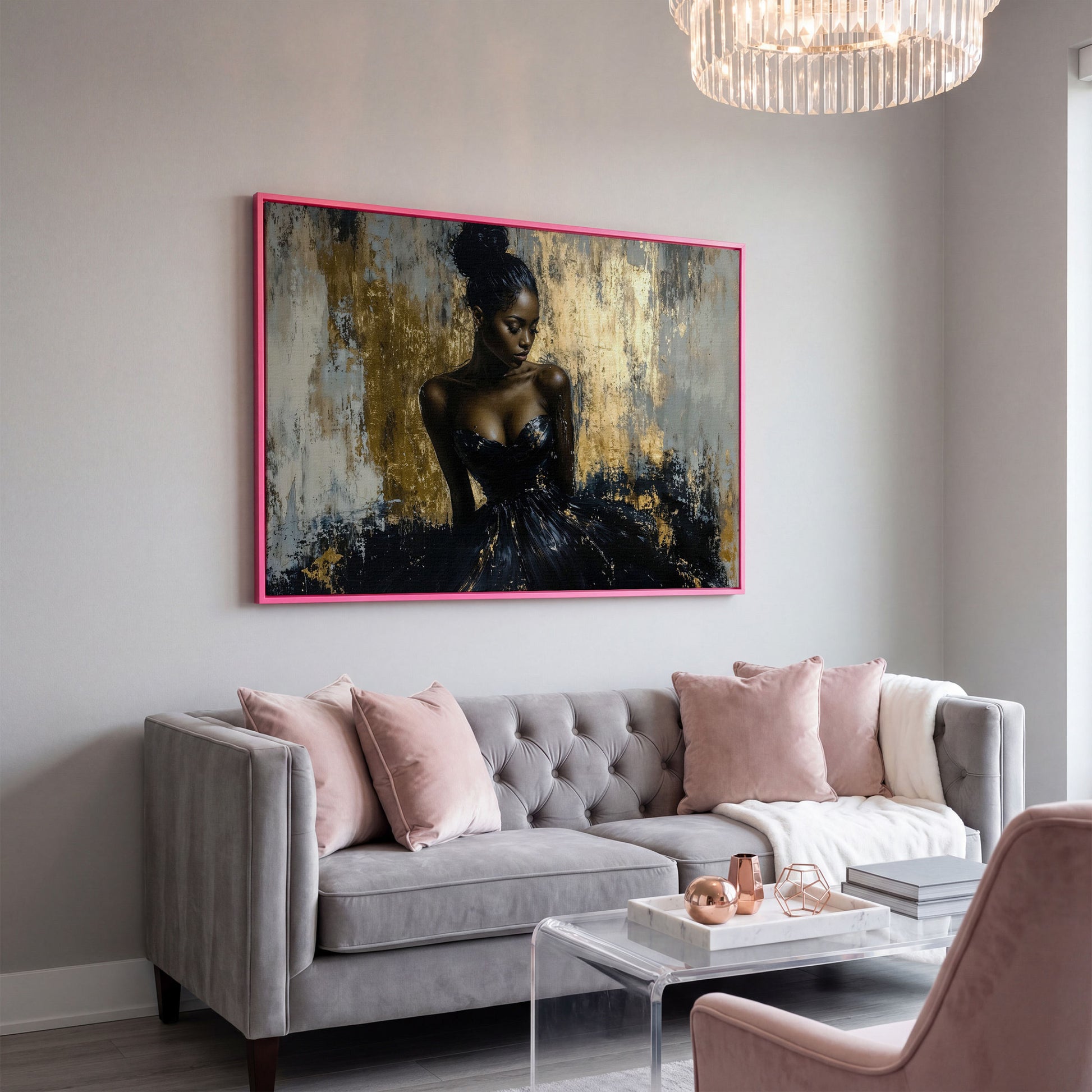 Black Girl in Gold. Portrait Canvas Print in pink floating frame