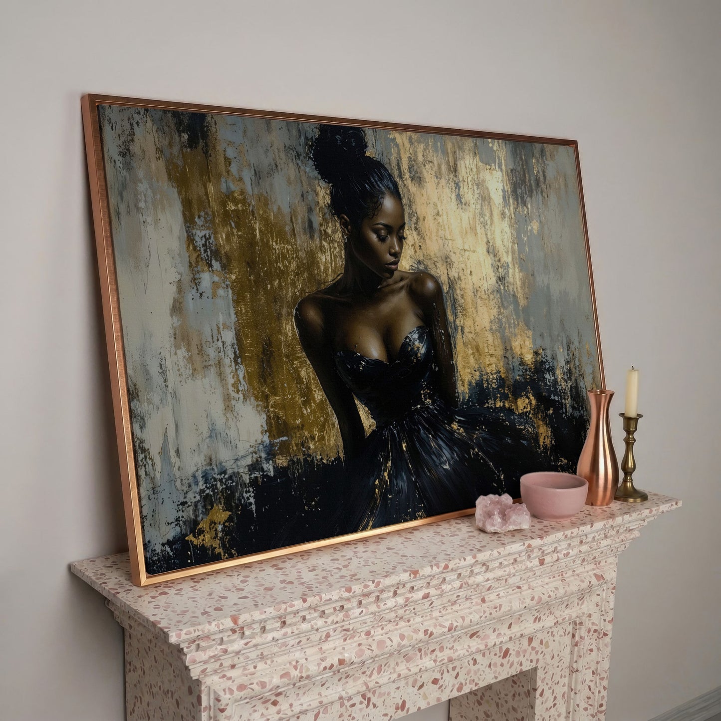 Black Girl in Gold. Portrait Canvas Print in rose gold floating frame