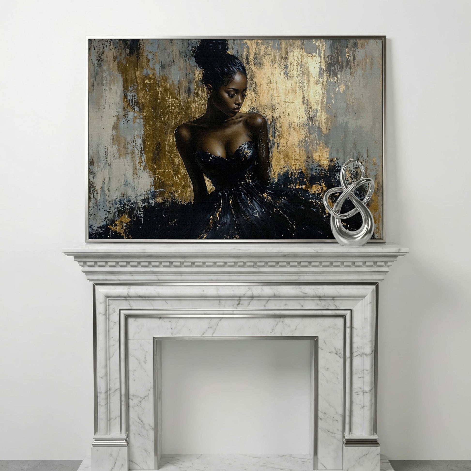 Black Girl in Gold. Portrait Canvas Print in silver floating frame