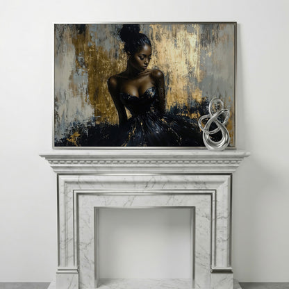 Black Girl in Gold. Portrait Canvas Print in silver floating frame
