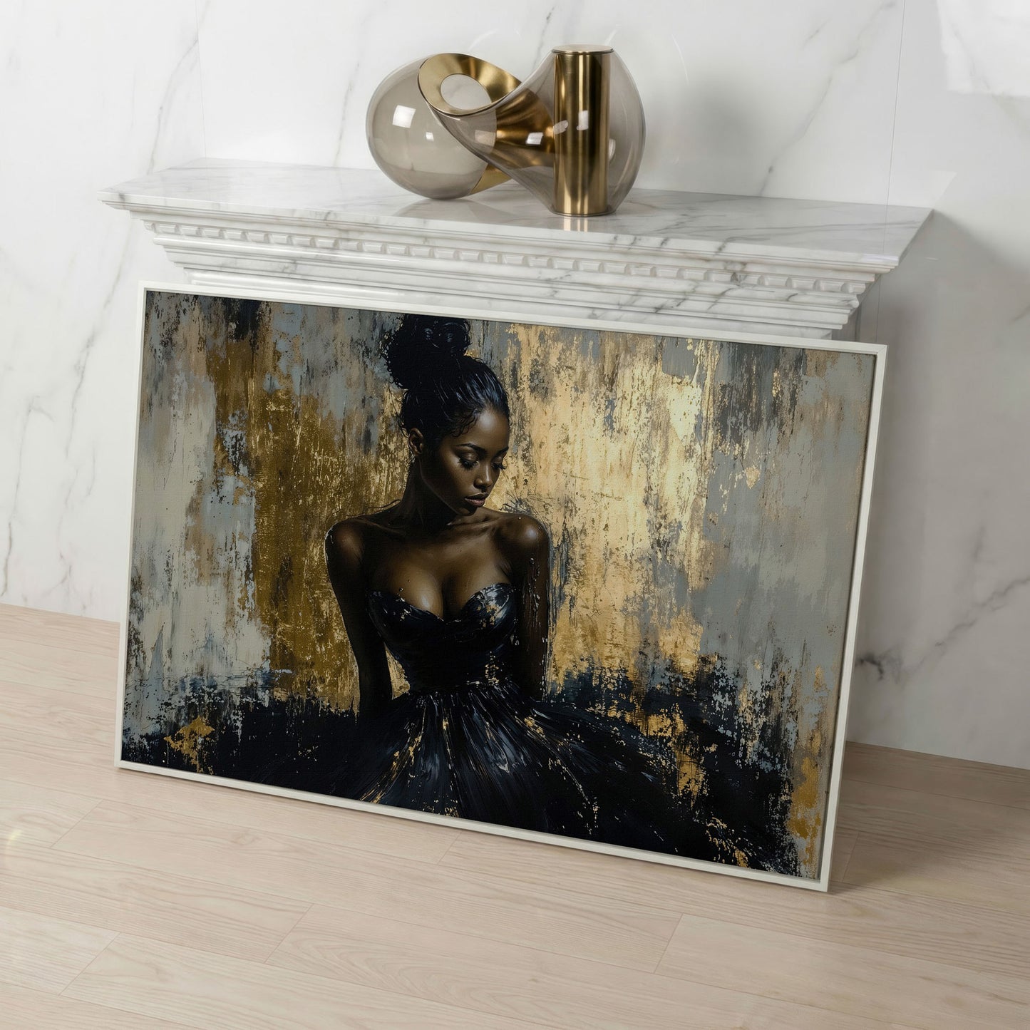 Black Girl in Gold. Portrait Canvas Print in white floating frame
