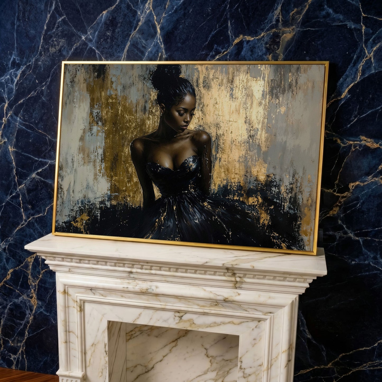 Black Girl in Gold. Portrait Canvas Print in yellow gold floating frame