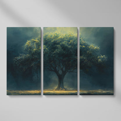 Majestic Oak Tree Canvas with Deep Teal Sky as 3-panel split version