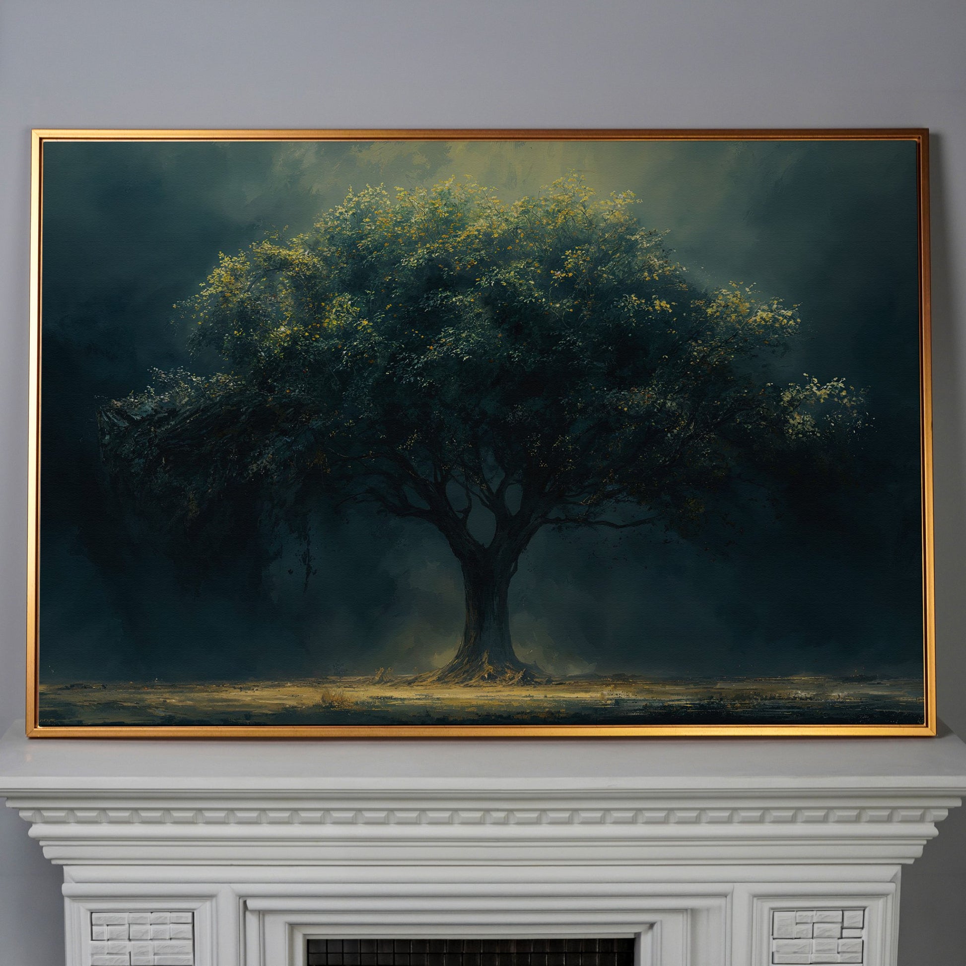 Majestic Oak Tree Canvas with Deep Teal Sky in antique gold floating frame