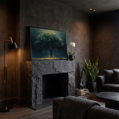 Majestic Oak Tree Canvas with Deep Teal Sky in black floating frame