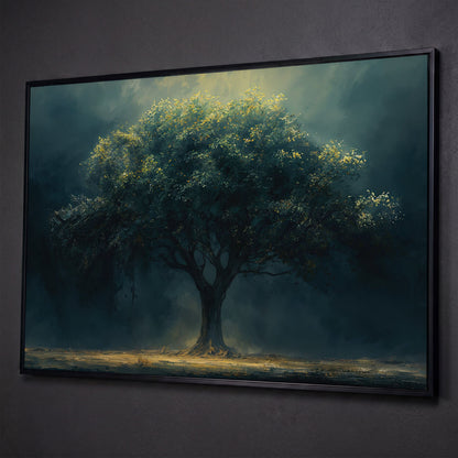 Majestic Oak Tree Canvas with Deep Teal Sky shown in black floating frame