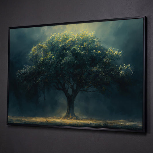 Majestic Oak Tree Canvas with Deep Teal Sky shown in black floating frame