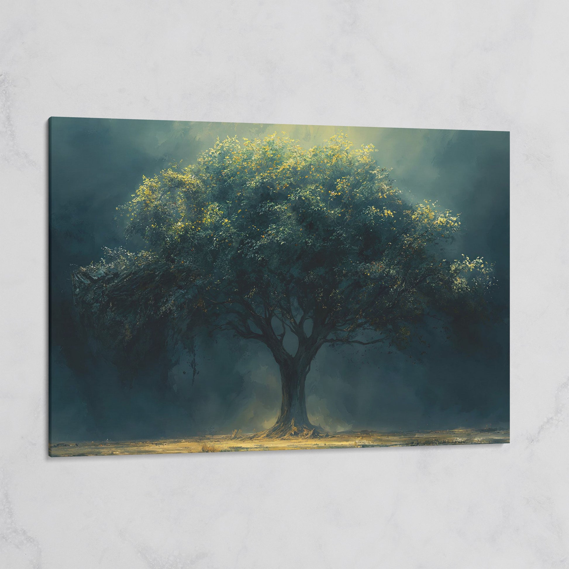 Majestic Oak Tree Canvas with Deep Teal Sky on gallery wrap