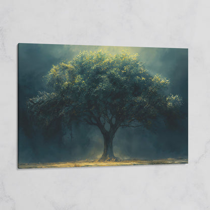 Majestic Oak Tree Canvas with Deep Teal Sky on gallery wrap
