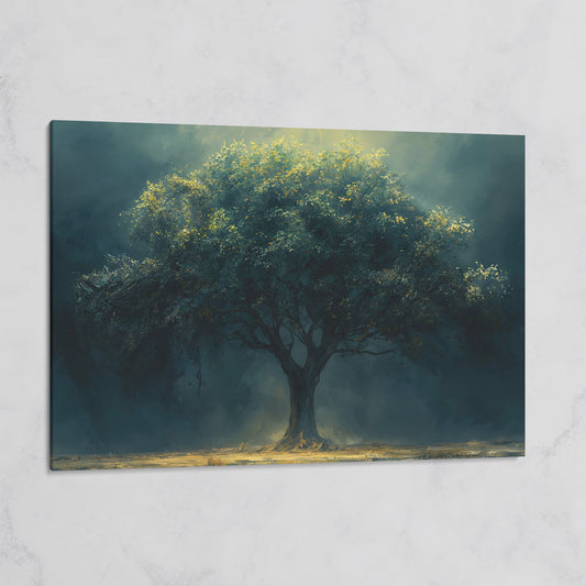 Majestic Oak Tree Canvas with Deep Teal Sky on gallery wrap