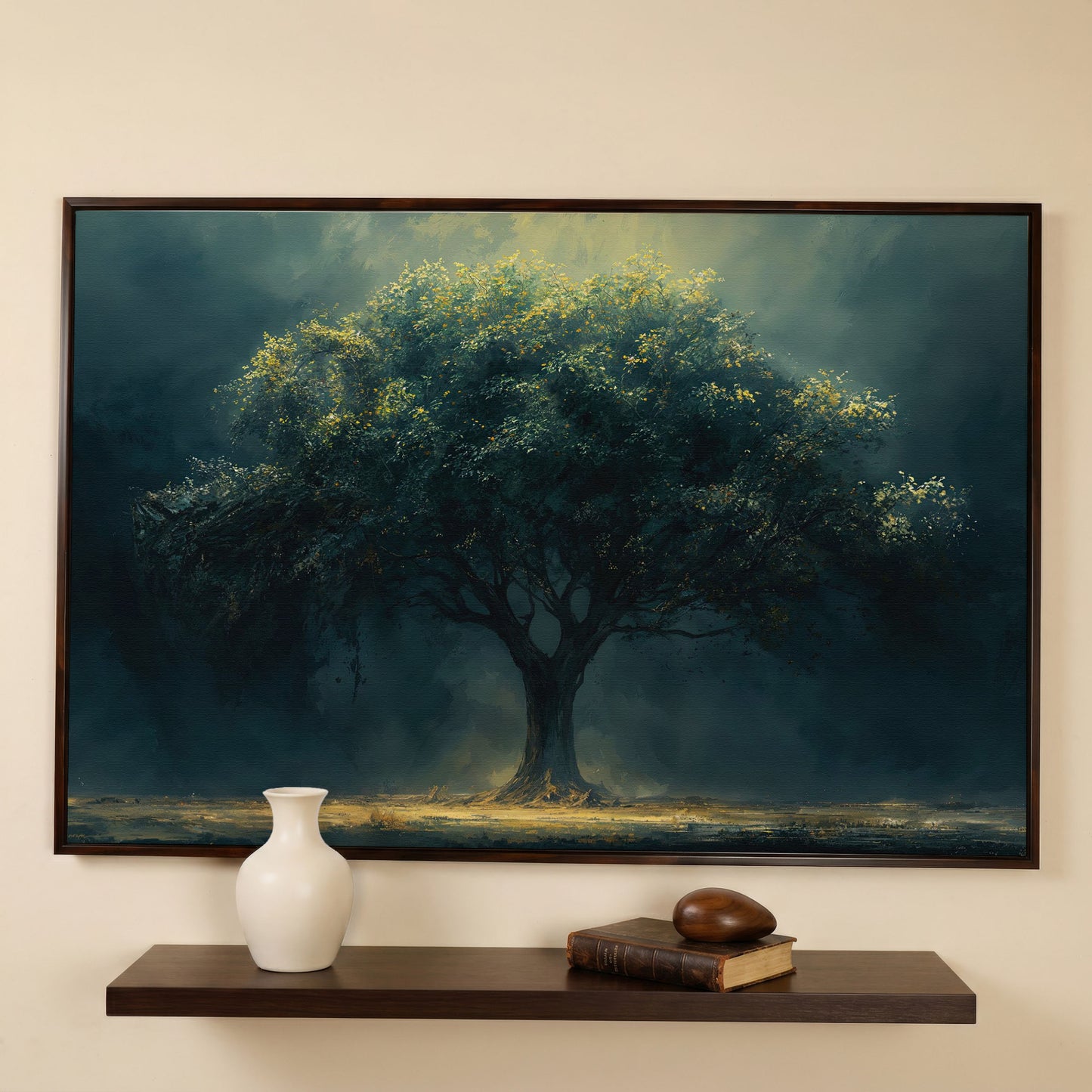 Majestic Oak Tree Canvas with Deep Teal Sky in dark walnut floating frame