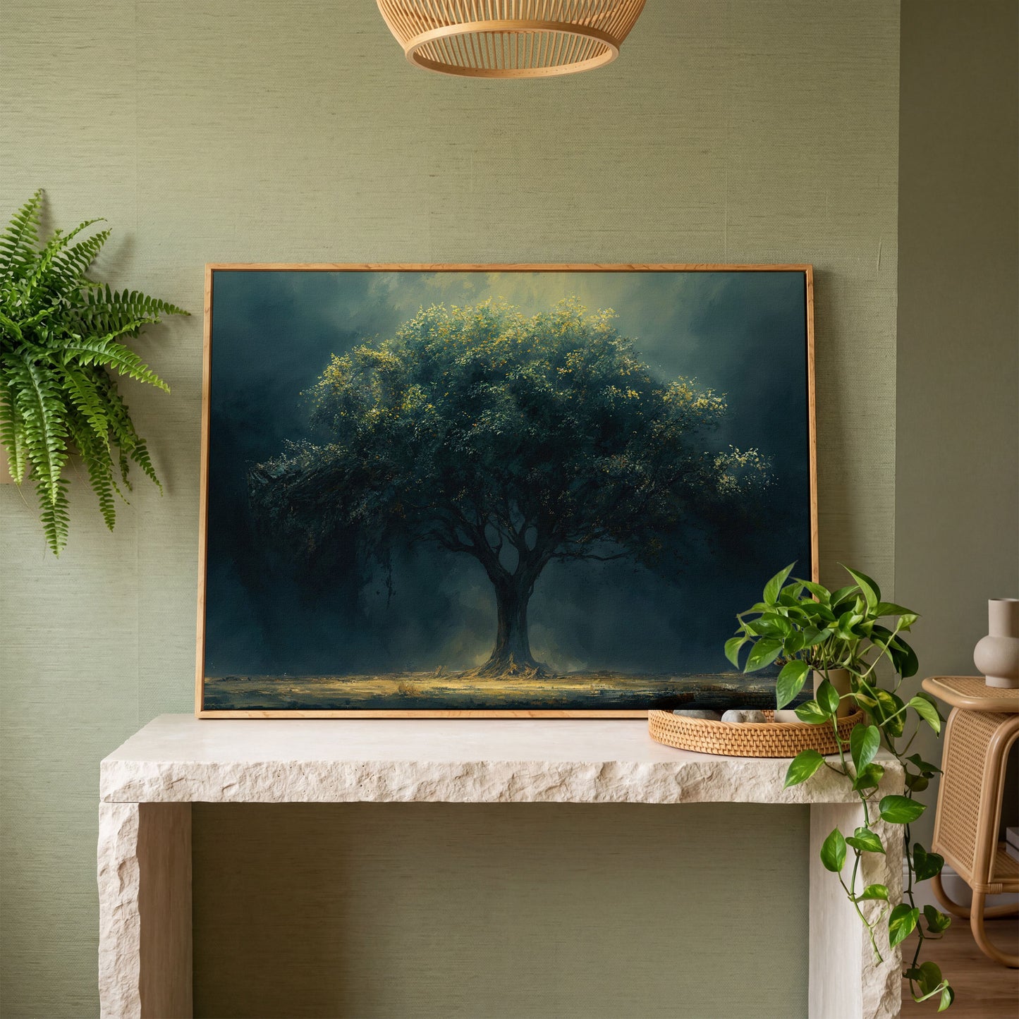 Majestic Oak Tree Canvas with Deep Teal Sky in white oak floating frame