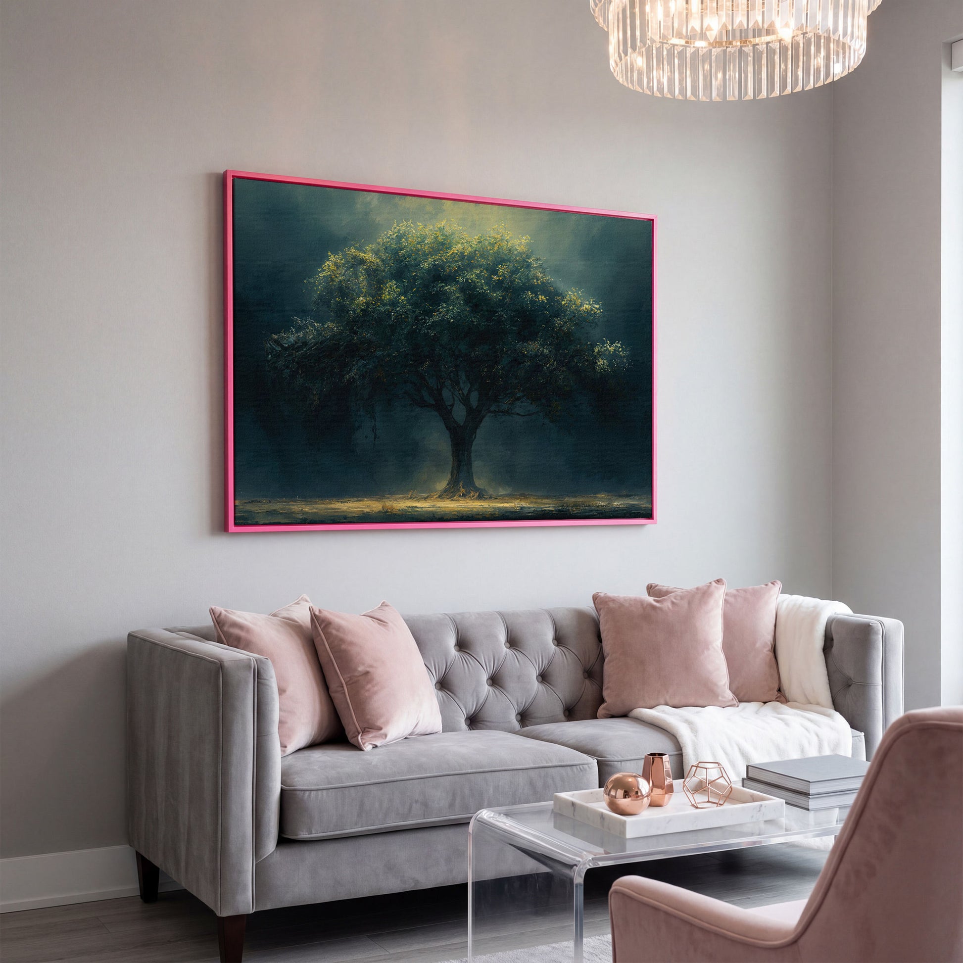 Majestic Oak Tree Canvas with Deep Teal Sky in pink floating frame