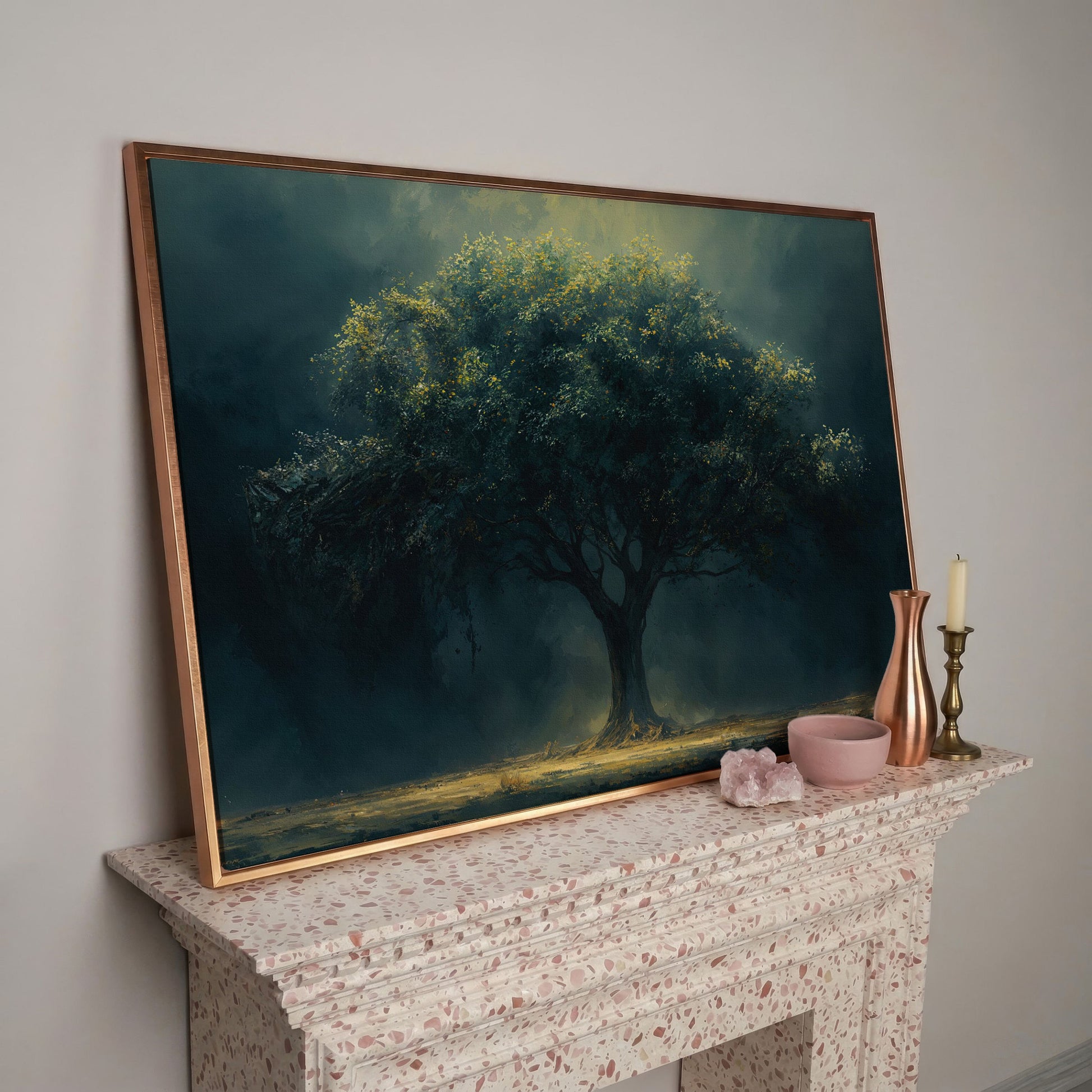 Majestic Oak Tree Canvas with Deep Teal Sky in rose gold floating frame