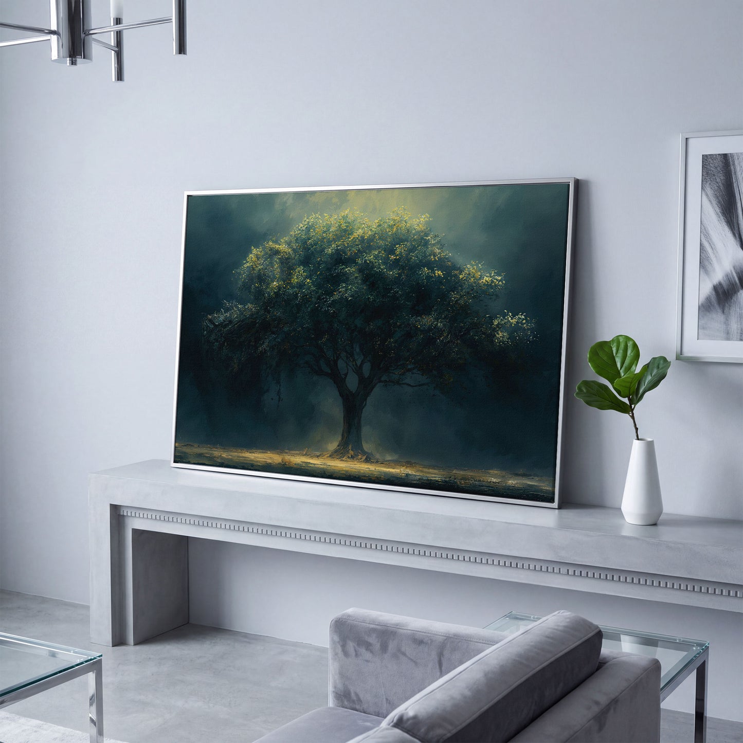 Majestic Oak Tree Canvas with Deep Teal Sky in silver floating frame