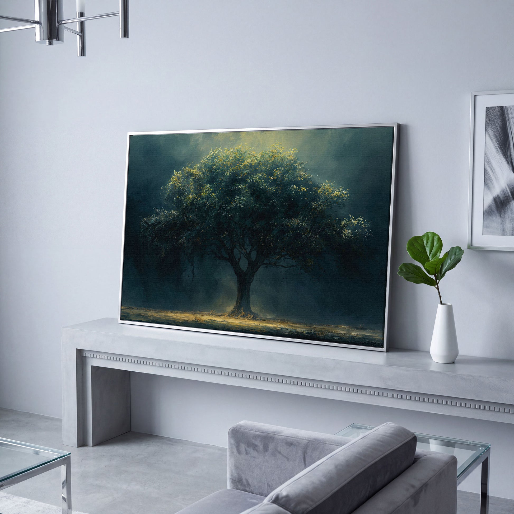 Majestic Oak Tree Canvas with Deep Teal Sky in silver floating frame