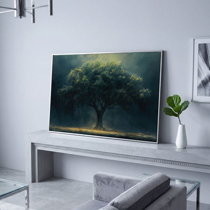 Majestic Oak Tree Canvas with Deep Teal Sky in silver floating frame