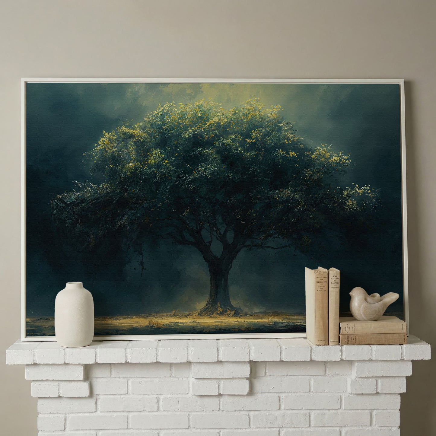Majestic Oak Tree Canvas with Deep Teal Sky in white floating frame
