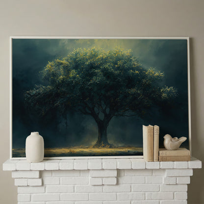 Majestic Oak Tree Canvas with Deep Teal Sky in white floating frame