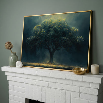 Majestic Oak Tree Canvas with Deep Teal Sky in yellow gold floating frame