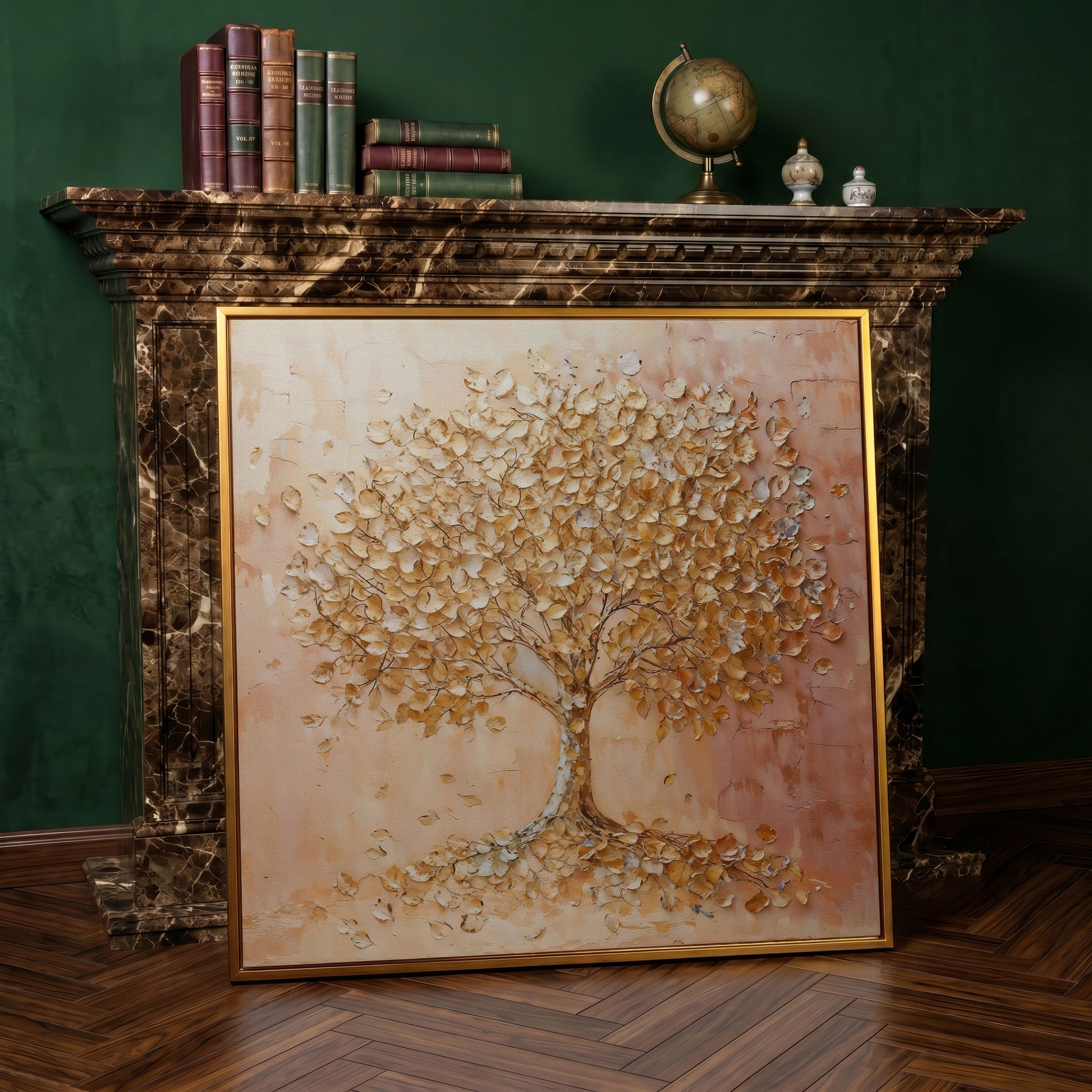 Tree of Life Canvas with Pink and Gold Foliage in antique gold floating frame