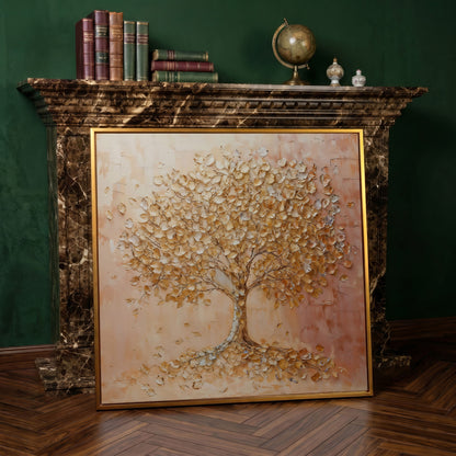 Tree of Life Canvas with Pink and Gold Foliage in antique gold floating frame