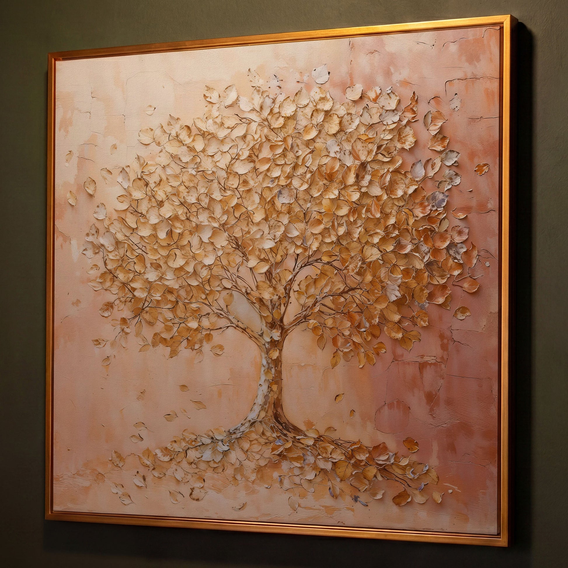 Tree of Life Canvas with Pink and Gold Foliage shown in antique gold floating frame