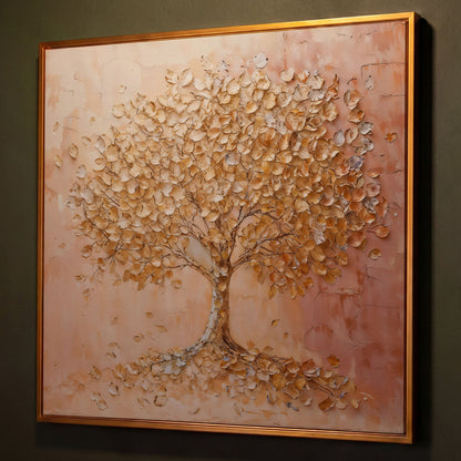 Tree of Life Canvas with Pink and Gold Foliage shown in antique gold floating frame