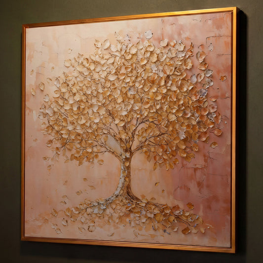 Tree of Life Canvas with Pink and Gold Foliage shown in antique gold floating frame