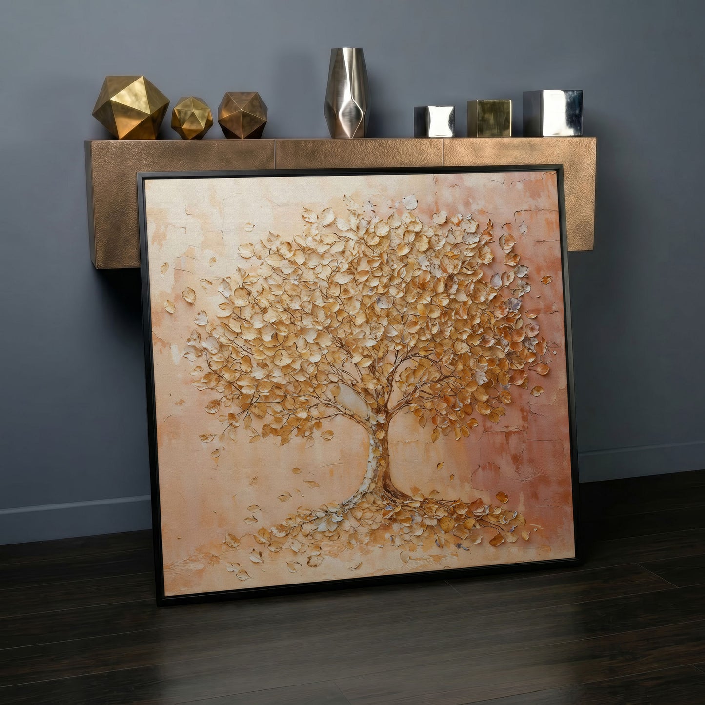 Tree of Life Canvas with Pink and Gold Foliage in black floating frame