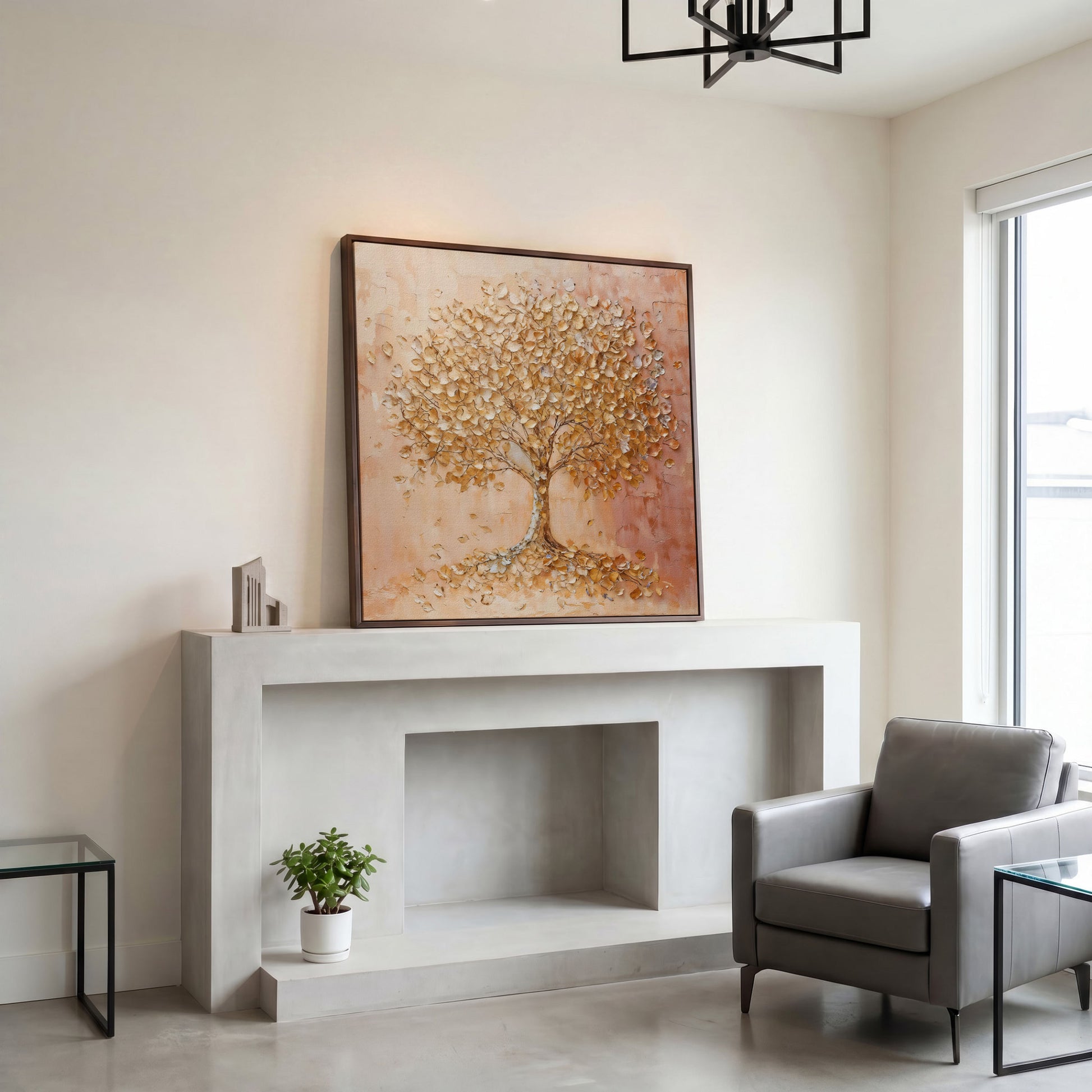 Tree of Life Canvas with Pink and Gold Foliage in dark walnut floating frame