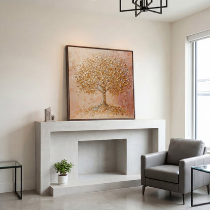 Tree of Life Canvas with Pink and Gold Foliage in dark walnut floating frame