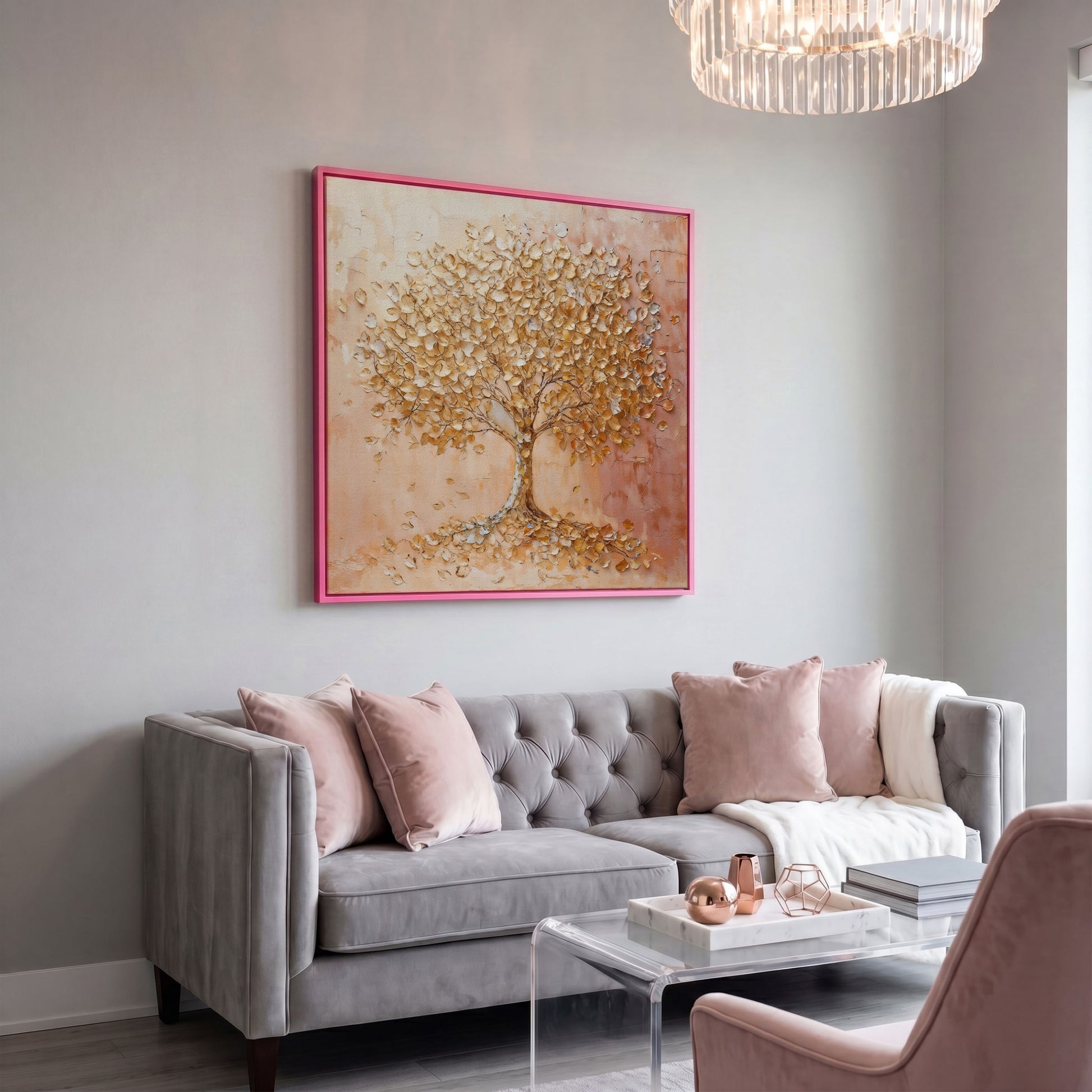 Tree of Life Canvas with Pink and Gold Foliage in pink floating frame