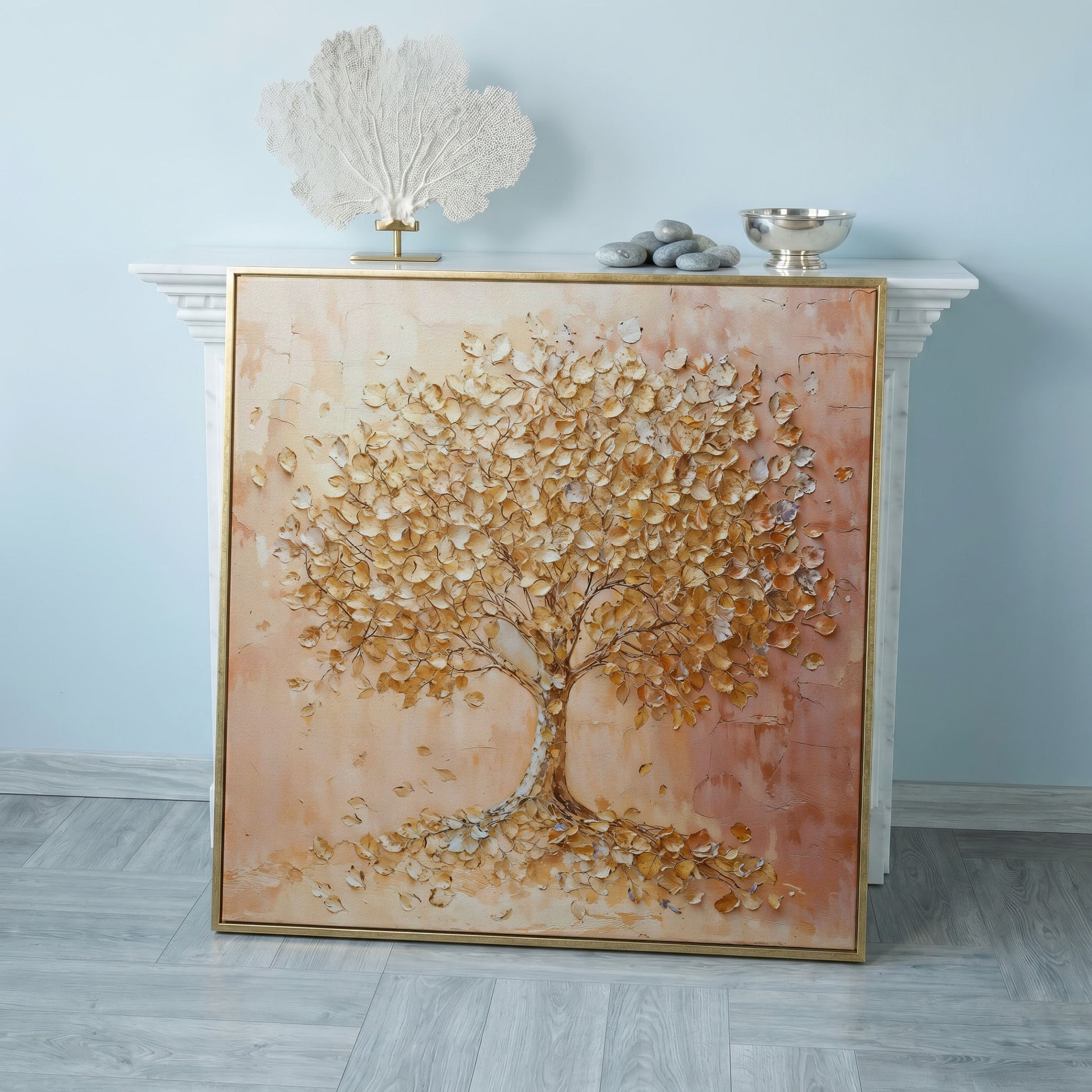 Tree of Life Canvas with Pink and Gold Foliage in rose gold floating frame