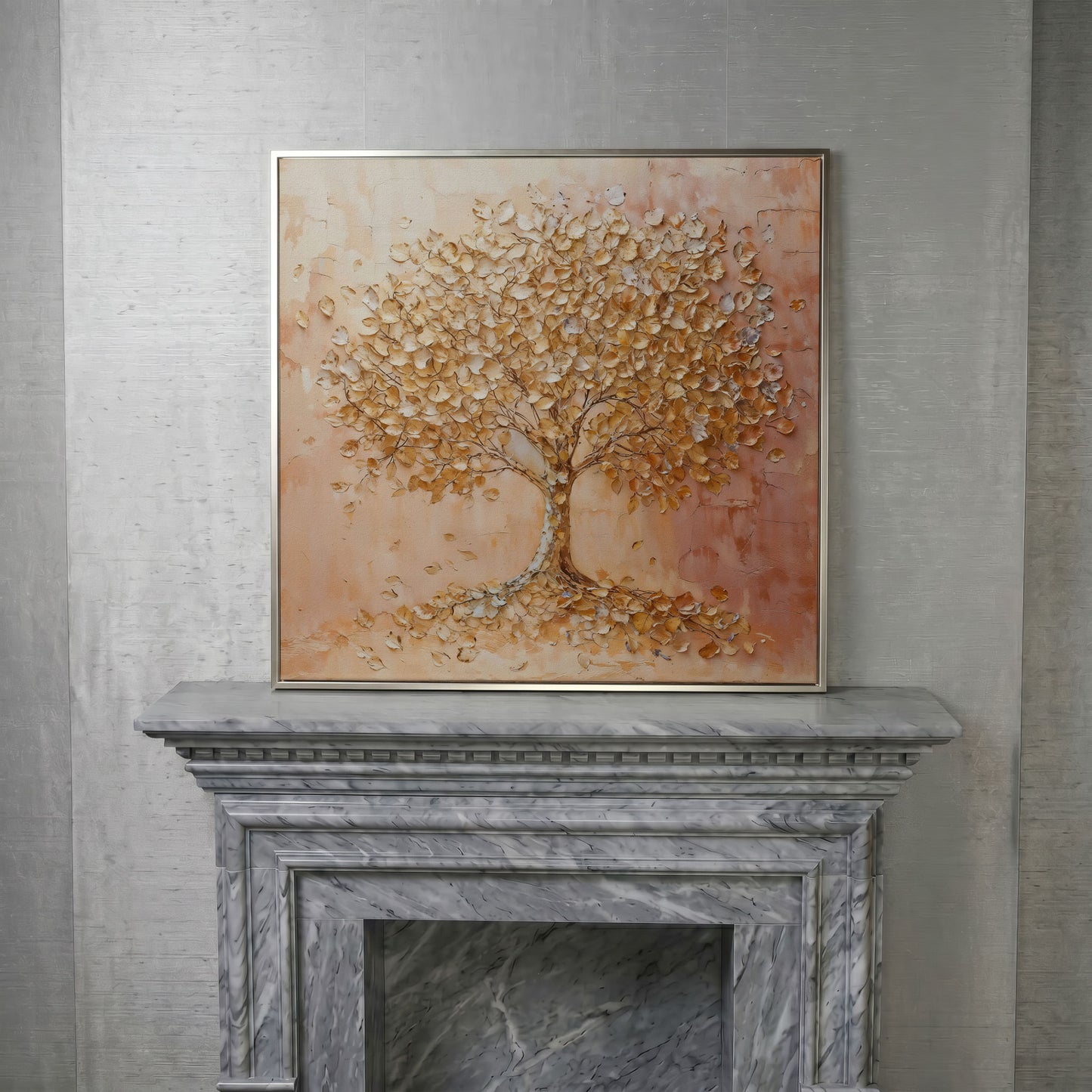 Tree of Life Canvas with Pink and Gold Foliage in silver floating frame