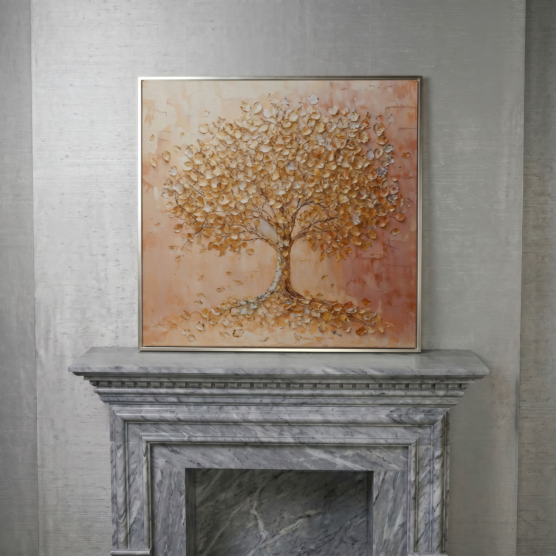 Tree of Life Canvas with Pink and Gold Foliage in silver floating frame