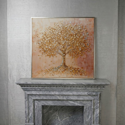 Tree of Life Canvas with Pink and Gold Foliage in silver floating frame