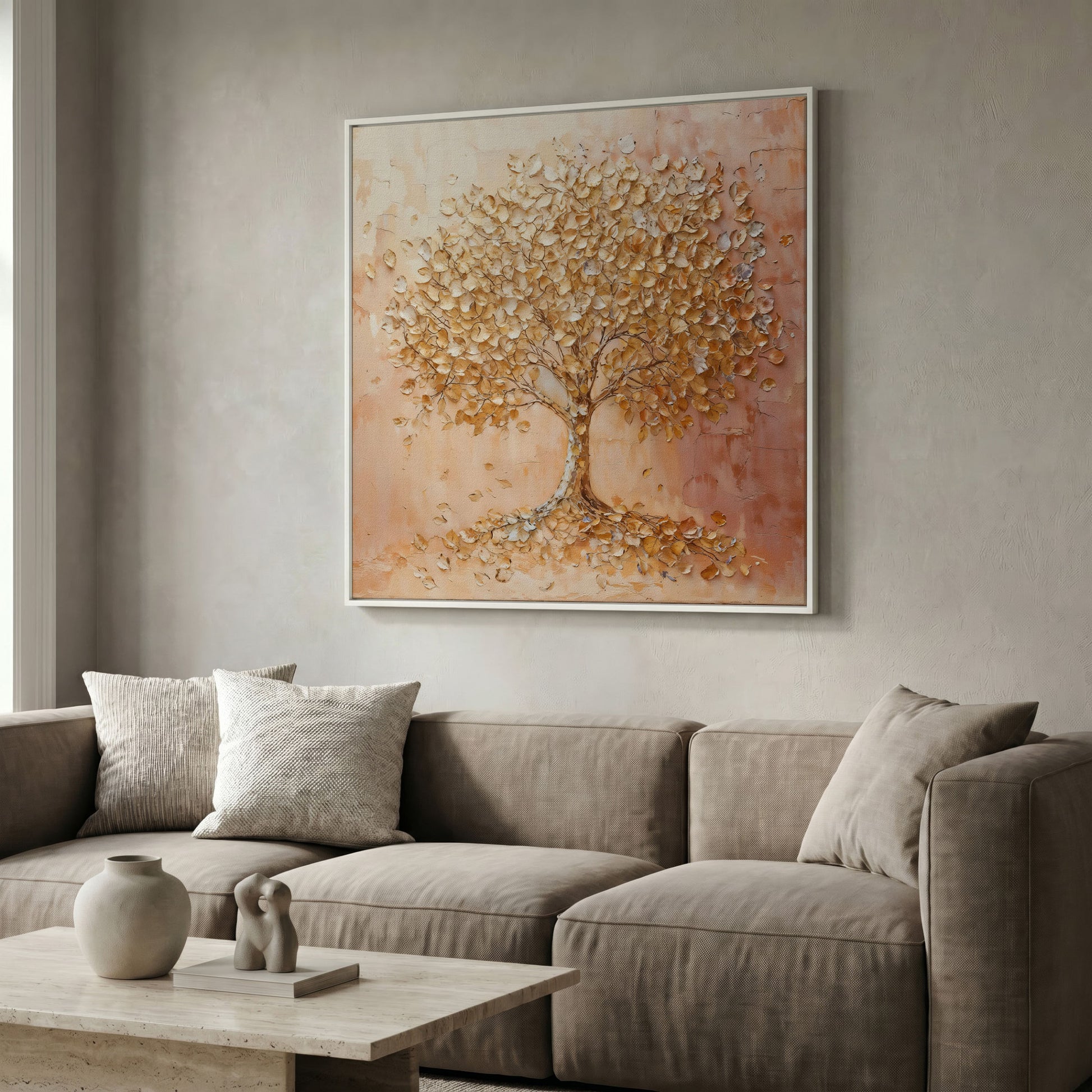 Tree of Life Canvas with Pink and Gold Foliage in white floating frame
