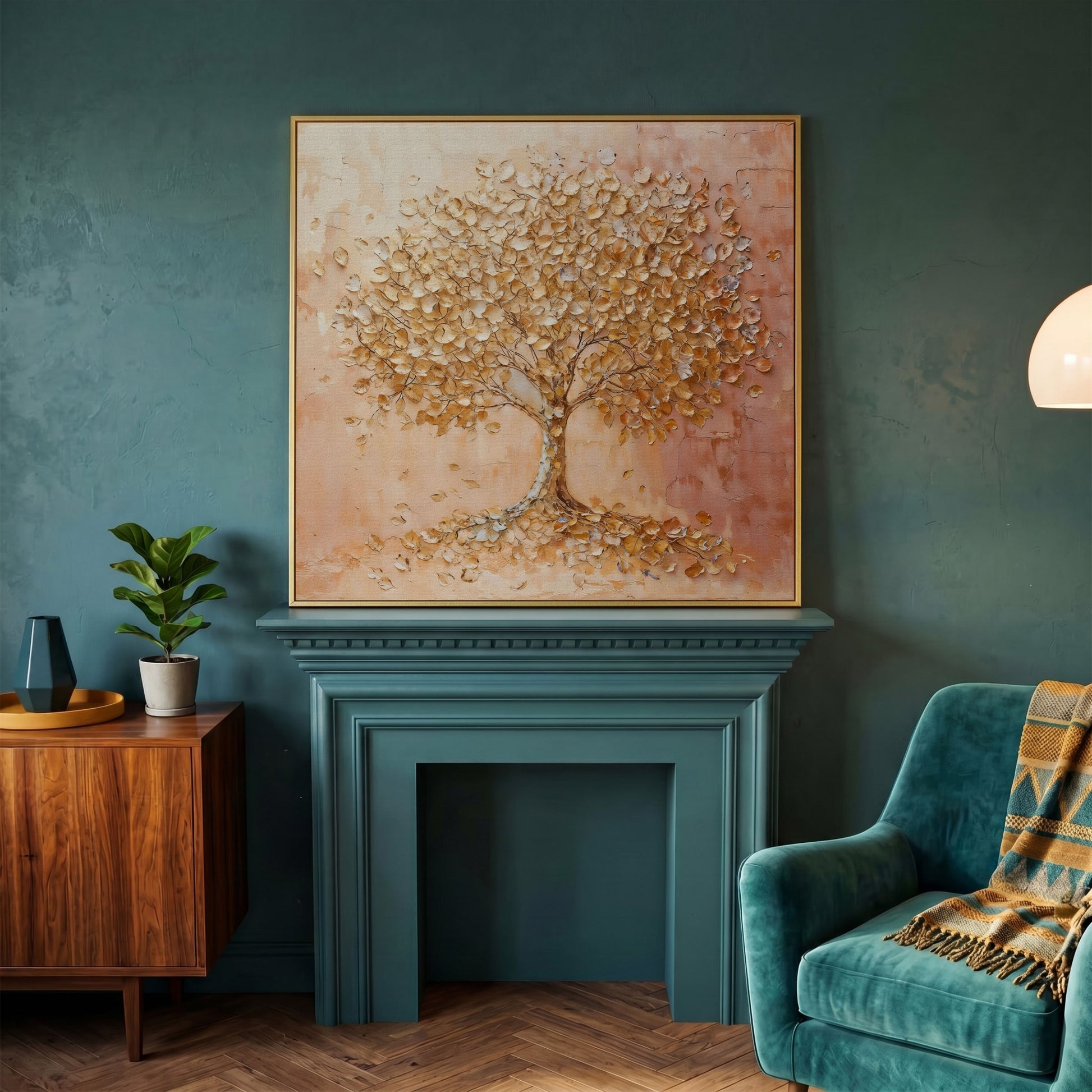 Tree of Life Canvas with Pink and Gold Foliage in yellow gold floating frame
