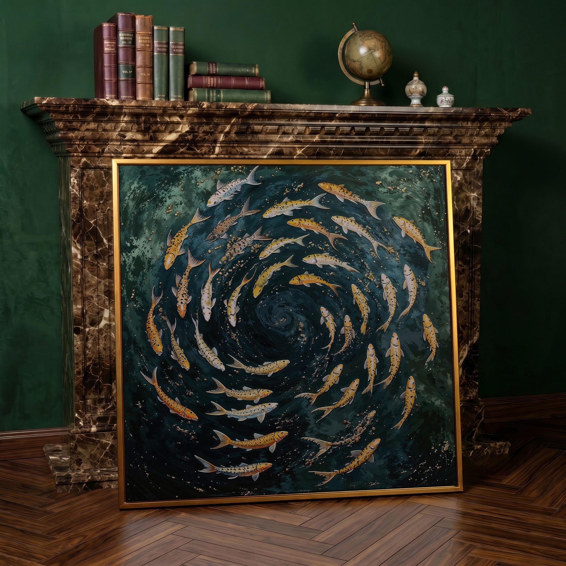 Koi Fish Swimming Spiral Canvas in antique gold floating frame